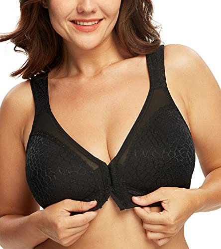 DotVol Women's Full Figure Front Closure Wirefree Jacquard Back Support Posture Bra(Black,36D)
