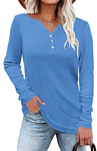 WNEEDU Women's Long Sleeve Henley Tops Button V Neck Shirts T-Shirts Tunic Blouse Blue