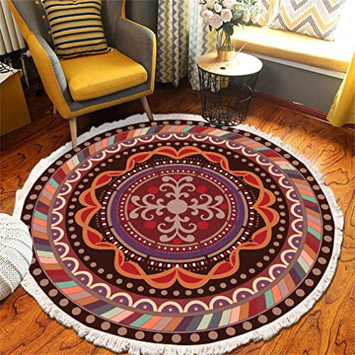 Tomifine Mandala Rund Teppich Quasten, Böhmen Handgewebte Baumwolle Teppiche für Schlafzimmer Wohnzimmer Hausdekor (120 cm,Braun Orange)