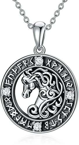 VONALA Pferd Geschenke für Frauen Sterling Silber Pferd Wikinger Halskette Wikinger Runen Halskette für Männer Oxidation Wikinger Schmuck für Frauen Männer Unisex Teenager Mädchen Geburtstag