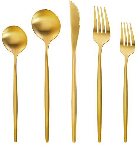 MIKIWAY Gold-Besteck-Set für 4 Personen, 20-teiliges Edelstahl-Besteck-Set, mattes goldenes Besteck-Set, Küchenutensilien-Set enthält Löffel und Gabeln, satiniert, spülmaschinenfest