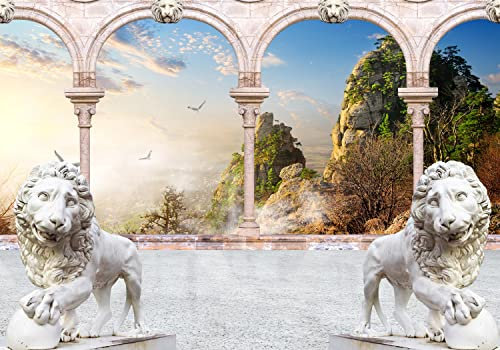 wandmotiv24 Fototapete Spalten mit Löwen, 200 x 140cm - selbstklebende Strukturtapete, Wanddeko, Wandbild, Wandtapete, Aussicht, Raumerweiterung, Natur M0578