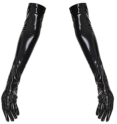YUDATPG Guanti lunghi da donna in PU-cuoio, pelle artificiale elastica per costume quotidiano, festa in stile opera, sera, guanti a gomito increspato, cosplay, matrimonio, Nero , L