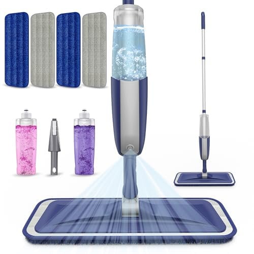 MEXERRIS - Trapeador de Microfibra con atomizador para Limpieza de Suelos, 4 Almohadillas Reutilizables y Lavables, mopas para Polvo húmedo y seco con 2 Botellas, mopa Plana para Suelos de Madera,