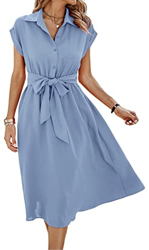 ASOMI Sommerkleid Damen Hemdkleid Kurzarm: Elegant Kurzarm Strandkleid Büro Wickelkleid Mode Tasche Hemdblusenkleid Lässig Blusenkleid Midikleid Knopf Plisseekleid V-Ausschnitt Gürtel A-Hellblau L