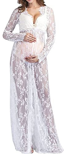Robe Maternité Shooting Photo Dentelle Sexy Col en V Robe Grossesse Mariage Ceremonie Soiree Cocktail Chic Et Elegant Robe Femme Enceinte Manche Longue Grande Taille Pas Cher