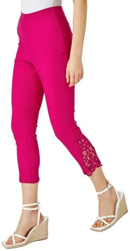 Roman Originals Lace Cropped Trousers for Women UK - Ladies Three Quarter Pants 3/4 Length Lacey Trim Stretch High Waisted Bengaline Smart Office Work Going Out Party Leggings - Cerise - Size 18