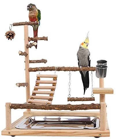 WishesMar Wellensittich Spielplatz Vogel-Spielplatz mit Feeder-Cup Spielzeug Leiter Erklimmen Schaukel und Tablett für Nymphensittich Papageien Wellensittiche, Holz, Größe 45x37x26 cm #A
