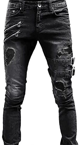 Beokeuioe personalisierte Jeans Gothic Hose Denim Hose Motorradlöcher Slim Fit enge Jeans mehrere Taschen Männer Punk Hose schwarz blau Herren Biker Jeanshosen