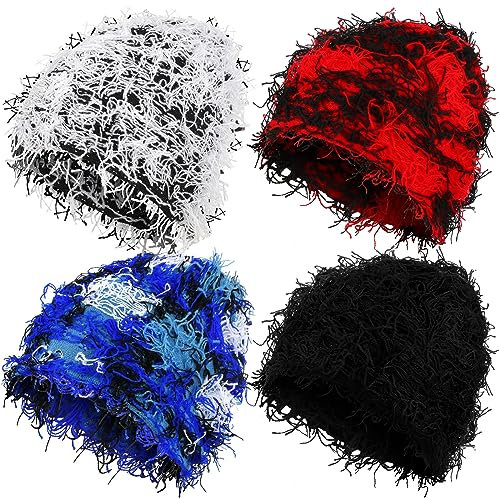Lewtemi 4 Stück Unisex Distressed Balaclava Winter Warm Strick Beanie Outdoor Fuzzy Winter Mütze Knit Beanie Cap für Männer Frauen, Schwarz, Seeblau, Schwarz und Weiß, Rot, Einheitsgröße