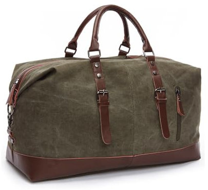 XINYASEE Herren- und Damen-Reisetasche mit Mehreren Fächern aus Segeltuch und Leder, große Vintage-Unisex-Reisetasche für Wochenende und Sport (Grün)