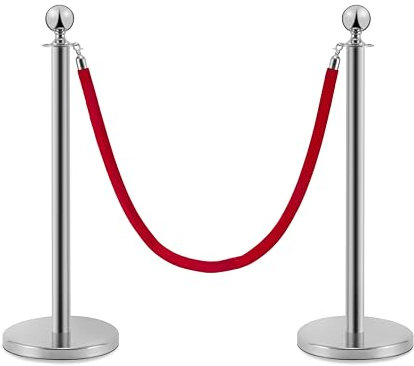 PINNERS Poteaux intercalaires en acier inoxydable 2 pièces, hauteur 90 cm, argenté avec corde en velours rouge de 1,5 m, connexion 4 voies, base de 31 cm de diamètre, contrôle de foules