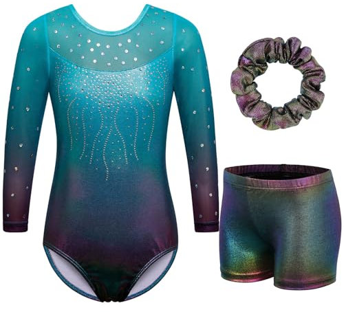 ZNYUNE Gymnastikanzug Hose mädchen Turnanzug Ärmellos/Langarm turnkleidung mädchen Gymnastik Tumbling Tanz Hose KHB285 Aqua 8A