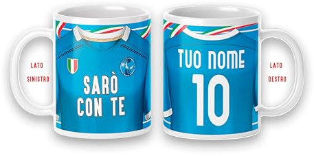 Tazza Mug disegno maglia della tua squadra colazione personalizzabile con nome e numero idea Regalo x tifoso Gadget compatibile (Sarò con te, tifosi azzurri serie città di napoli nel cuore)