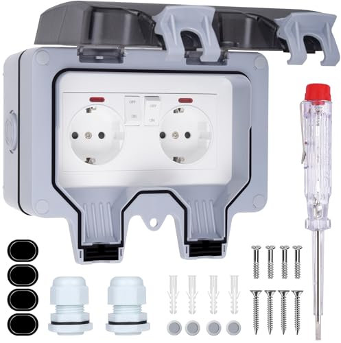 TIMLand Presa Esterno Impermeabile IP66, Presa Elettrica con Interruttore Luminoso Coperchio Presa Esterna da Muro per Giardino Terrazza Garage Bagno Cantina Piscina Casa Spazio esterno