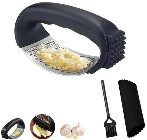 LEERMEIZI Prensa de ajo, Picadora de Ajo, Picador de Ajos Manual, Prensa Ajos, Picadora de Ajos de acero inoxidable, con pelador y cepillo de limpieza, Ideal para la cocina (1 Pcs)