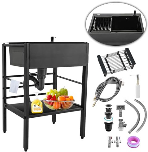 Witriolik 55x45x86cm Lavandino da Esterno, Lavandino Cucina Multifunzione con Scolapiatti e Kit di scarico e Senza Rubinetto, Lavabo Commerciale per Interno Ristorante Caffè Garage