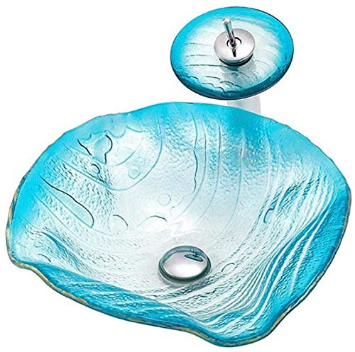 GKJHTED Encimeras para lavabos de baño Lavabos de baño sobre encimera Lavabo de baño sobre encimera de Vidrio Templado con Forma de Hoja con combinación de Grifo Cromado y desagüe de lav