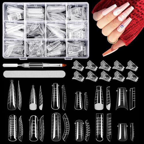 288 Pièces Faux Ongles Capsule, 12 Formes Transparents Capsule Ongles avec 10 Nail Tips Clip, 1 Double Ended Polygel Brush, 1 Limes à Ongles Faux Ongles Conseils de Extension pour Femme Fille