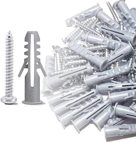 50 Pcs Grey Wall Plug and Screw Set(50 x Masonry Screws, x 50 Expansion Anchor Bolts), M6 M8 Wall Plugs and Screws, 8mm*36mm for Brick Concrete Drywall Self Tapping Screw