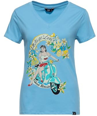 Queen Kerosin Damen T-Shirt · Printshirt · Vintage · V-Ausschnitt · 50s · Retro · Rockabella · Rockabilly · Slim Fit · Elastisch · Rundhals · Kurzarm · Vintage Love