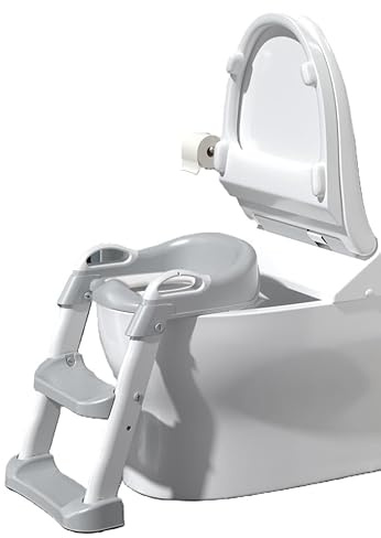 LEOM Potty Training Toilet with Step Stool Ladder, Toddler Kids Potty Training Seat for Boys Girls, Foldable Anti-Slip Toilet Toddler Seat Splash Guard Soft Cushion Safety Handles (Grey)