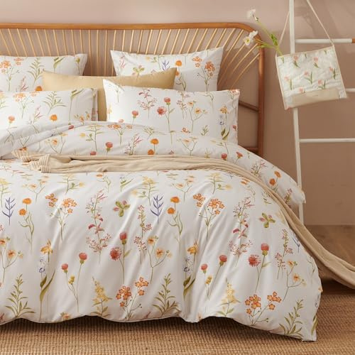 Freyamy Blumen Weiß Bettwäsche 220x240 3tlg,Chic Botanisches Aesthetic,Gewaschener Mikrofaser Bunt Floral Bettwäsche-Set, 1 Bettbezug mit Reißverschluss und 2 Kissenbezüge 80x80cm