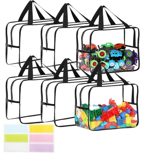 quiodok 6 Stück Spielzeug Organizer Transparente, PVC Spielzeug | Aufbewahrungstasche mit Reißverschluss und Griffen, Toy Bag Organizer für Bausteine, Puzzle, Schreibwaren (Schwarz)