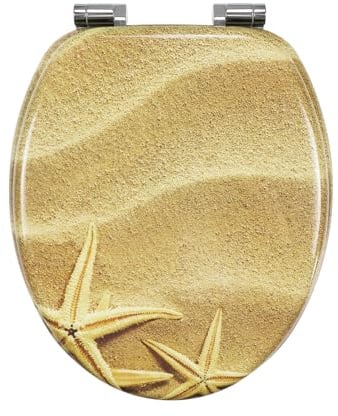 Fanmitrk WC Sitz mit Absenkautomatik, Hochwertiger Toilettendeckel Stabil und Wackelt Nicht, MDF Holzkern Klodeckel, Einfache Montage Toilettensitz, viele Schöne Motive (Gelber Seestern)