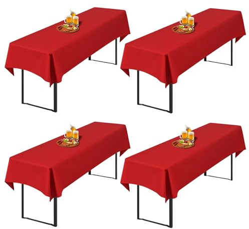 Showgeous 4 Stück Biertisch-Tischdecken für Bierzeltgarnitur, Rot | 250 x 100cm, Blickdichte, waschbare Polyester-Tischdecken für 50 und 70 cm breite Biertische und Bierzeltgarnituren