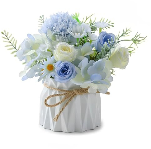 Hnonoxy Rose Fleur Artificielle Table Decoration, Bleu Clair Roses Bouquet avec Vase pour Deco Chemin de Table Fausse Flowers pour Décoration Salon Maison Anniversaire Fête Balcon Bureau