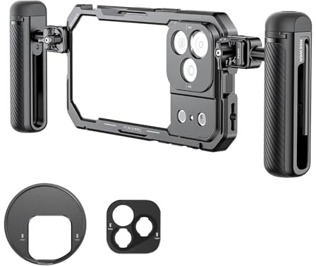 NEEWER 17 Pro Käfig Cage Video Rig Handy Stabilisator Set kompatibel mit iPhone 17 Pro mit 67mm Filterring 17mm und T Mount Objektivrückplatten, Zwei Schnellverschlussgriffe, PA143 (Schwarz)