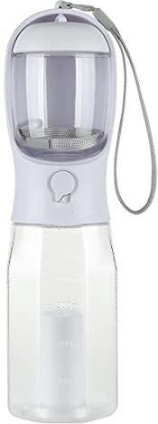 PET&TECH Botella para Mascotas 3 en 1 – Dispensador de Agua, Comida y Bolsas – Filtro de Carbón Activado – Resistente al Calor y Apta para Lavavajillas – Portátil y Multifuncional (600 ml)