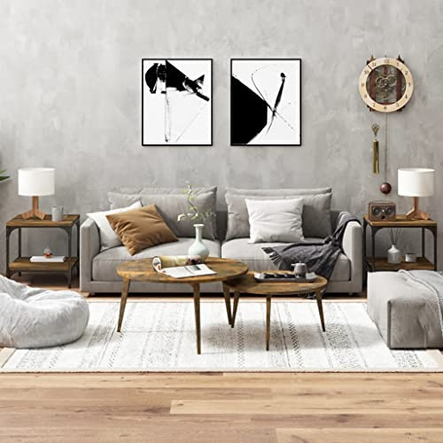 Fangmaliuyun Beistelltisch Räuchereiche 2er Set 40x40x40 cm Couchtisch Industrial Holz-Stahl Modernes Design Stauraum Höhenverstellbare Beine für Wohnzimmer Sofa Ecke