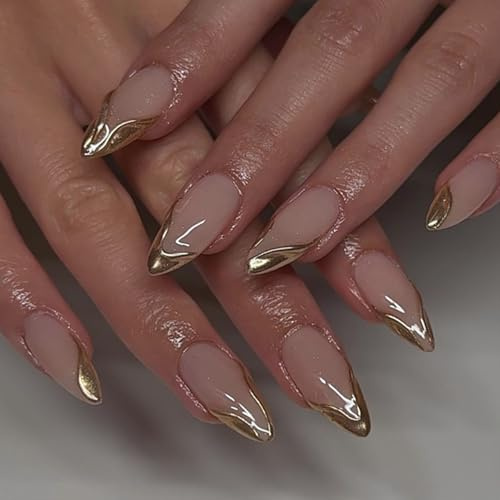 Almond False Nails, 24PCS Pink Press on Nails with Gold Edge Design, Full Cover Artificial Fake Nail Art Accessories for Women Girls (Pink,Gold)