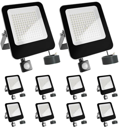 Fosingut 100W Foco LED Exterior con Sensor de Movimiento,Impermeable Foco Proyector LED Exterior,6500K Blanco Frío Super Brillante Luz de Seguridad Floodlights para Jardín,Garaje,Patio,Terraza-10 Pack