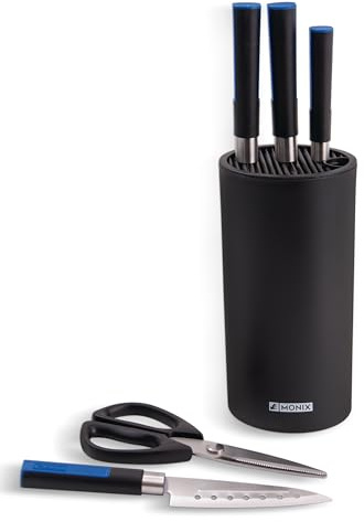 MONIX Solid + | Set de cuchillos de cocina con tacoma organizadora 6 piezas | Incluye tijeras multiusos, mango ergonómico antideslizante, Acero Inoxidable, 6 piezas