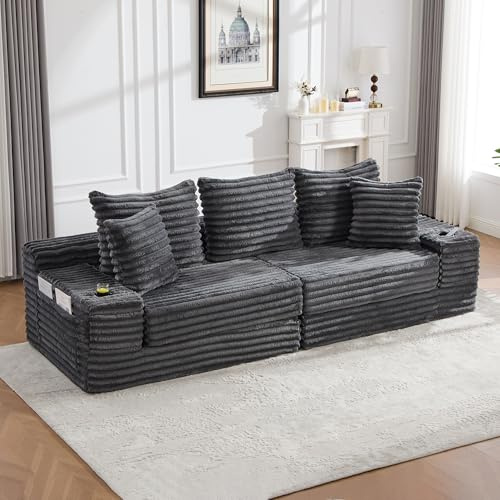 Schlafsofa - Boneless Sofa 4 Sitzer, Sofa mit Schlaffunktion 273 cm Breit, 2-in-1 Bodensofa Cord Sofa mit Beidseitigen Taschen und Getränkehaltern, Sofa & Couch mit Fünf Weichen Kisse (dunkelgrau)