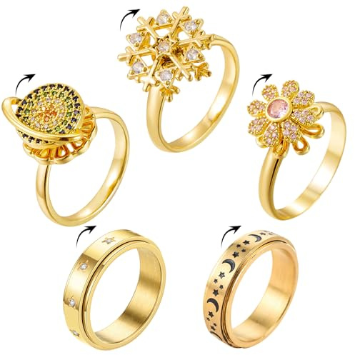 HTTDSLF 5 Stück Fidget Ring Damen Mädchen, Verstellbare Anti Stress Ring, Gold Anxiety Ringe für Damen, Linderung von Ängsten Anxiety Rings, Offener Spinner Fidget Ringe für Mädchen und Frauen