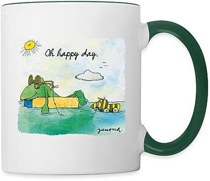 Spreadshirt Janosch Günter Tigerente Oh Happy Day Am See Tasse, Weiß/Dunkelgrün, 325 ml, Keramik