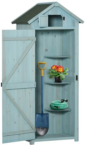 Outsunny Garden Shed Vertical Utility 3 Shelves Shed Wood Outdoor Garden Tool Storage Unit Storage Cabinet, 77 x 54.2 x 179cm - Blue