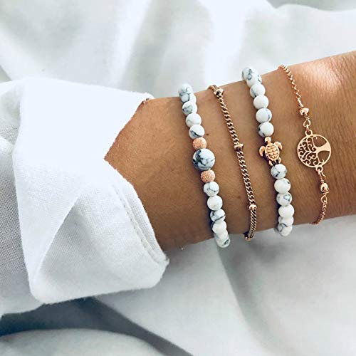 Edary Lot de 4 bracelets arbre de vie tortue de marbre naturelle perles à la main pour les femmes et les filles