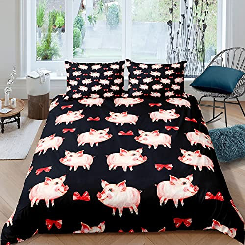 Homemissing Kinder Schwein Bettbezug Set Schöne Tiere Muster Dekor Bettwäsche Set 135x200cm für Mädchen Roter Bogen Rosa Schweine Betten Set Süßes Schweinchen Drucken Schwarz mit 1 Kissenbezug 2St