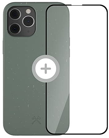 Woodcessories - Handyhülle kompatibel mit iPhone 12 Hülle mit Schutzglas grün, iPhone 12 Pro Hülle mit Schutzglas grün - Nachhaltig aus Pflanzen