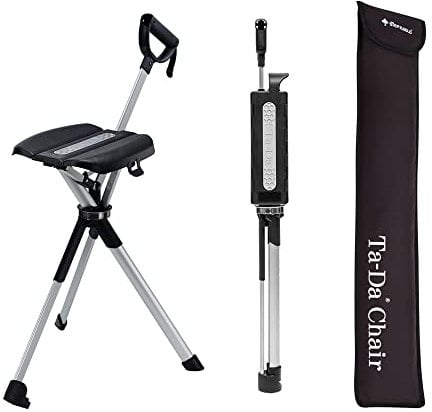 Ta-Da Chair Serie 2 - Gehstock mit Sitz, ultraleichter Aluminiumrahmen & robuster Klapphocker (bis 136 kg) zusammenklappbares Design, ideal für Wanderungen und Outdoor-Aktivitäten (schwarz, L (92 cm))