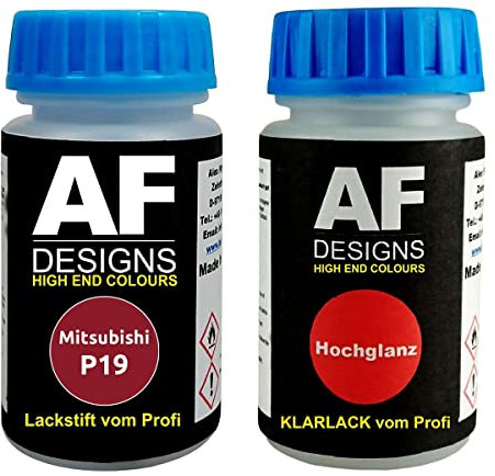 Alex Flittner Designs Pennarello per vernice Mitsubishi P19 Majestic Red Perl + vernice trasparente bicomponente da 50 ml per auto, set di vernice base