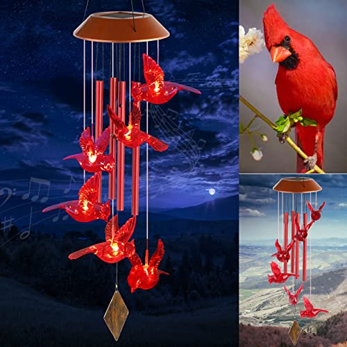 JIAUFU Kardinal Vogel Solar Windspiele für draußen hängend,Geschenke für Väter, Mütter, Freunde, Kollegen,LED Hängeleuchte Solarleuchten,Windspiel für Garten deko draußen, Hof, Terrasse und Heimdekor
