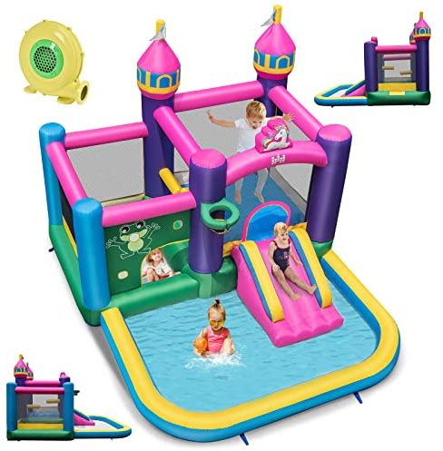 COSTWAY Château Gonflable avec Toboggan et Souffleur 680W, Aire de Jeux Gonflable avec Maison de Saut et Piscine à Balles, Panier de Basket, Intérieur Extérieur, Charge 135kg, 3-10 Ans