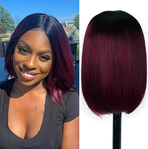 DÉBUT Ombre Rot Gerade Bob Perücken Menschliches Haar T Teil Spitze Front Bob Perücke Vorgezupft mit Babyhaar 150% Dichte Brasilianisches Jungfernhaar für Frauen(25 cm, Ombre Rot)
