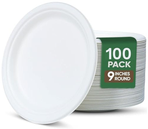 Ask Packaging 100% Compostable (9 Inch / 100-Pack) Heavy-Duty Eco-Friendly Disposable Bagasse Plates, Made of Natural Sugarcane Fibers – 9 Biodegradable Christmas Paper Plates